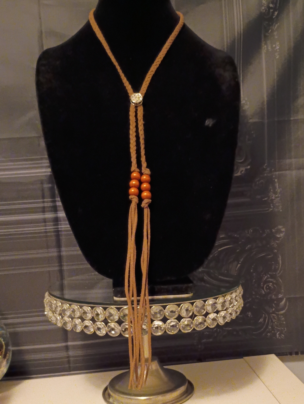 Handmade Brown Suede Lariat Necklace with Amber Beads